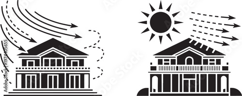Visualizations of weather effects on houses, showing wind patterns impacting the structure and solar radiation heating the roof, representing environmental factors influencing buildings.
