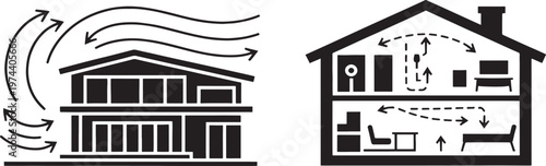 Diagram illustrating airflow patterns around a house and within its interior spaces, depicting natural ventilation and air circulation dynamics for effective climate control.