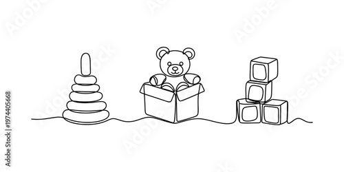 A single continuous line drawing of a stacked toy pyramid a teddy bear in a box and toy blocks Vector, illustration