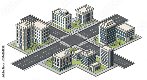 Isometric modern urban block with mixed use buildings.