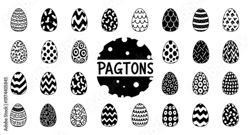 Black and White Easter Eggs with Various Decorative Patterns.