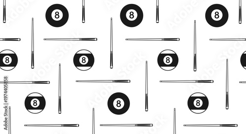 Black and White Eight Ball and Cue Stick Pattern.