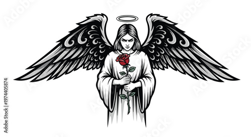 Mysterious angel with large feathered wings holding a red rose and wearing a halo, depicted in a dramatic style