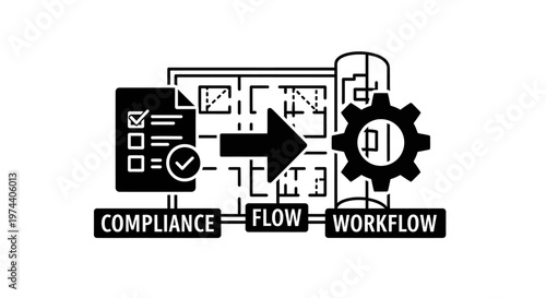 Black and White Workflow Icon Depicting Compliance and Process.