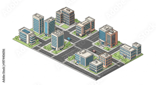 Isometric Modern Urban City Block With Multiple Buildings.