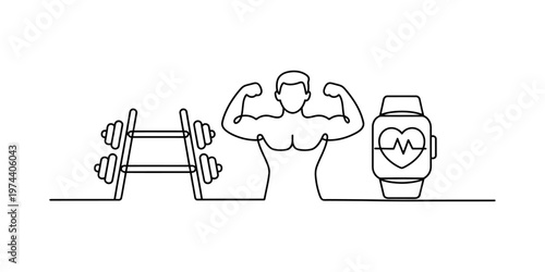 A single continuous line drawing of a muscular man with a dumbbell and a fitness tracker watch Vector, illustration