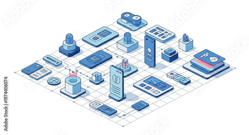 Isometric network of connected smart devices and gadgets.