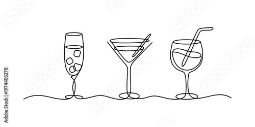 A minimalist continuous line drawing featuring three different types of elegant cocktail glasses Vector, illustration