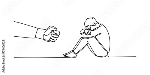 A single line drawing of a person sitting curled up in fear while a large fist threatens them. Vector, illustration