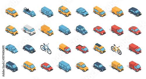 Isometric Colorful Vehicle Icon Set With Vans Cars.