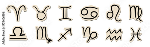 Hand drawn zodiac signs sticker set, black astrology symbols on paper cutouts, horoscope vector icons collection for collages