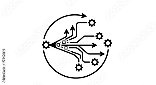 Abstract illustration of a complex process with multiple gears and arrows.