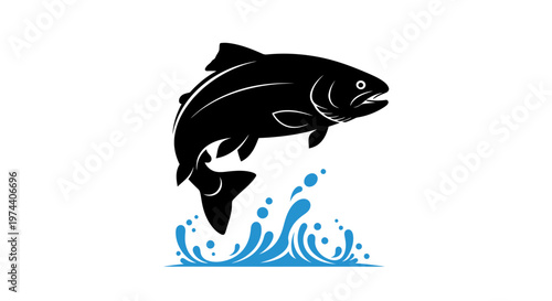Black silhouette of a leaping salmon with water splash isolated.