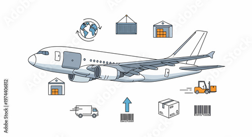 Air Cargo Plane Illustration with Shipping and Delivery Icons.