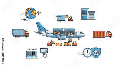 Air cargo transportation concept with airplane, trucks, and containers.