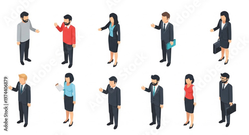 Isometric Diverse Business People Standing And Pointing.
