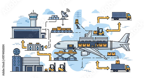 Air cargo transportation illustration showing airplane loading and unloading process.
