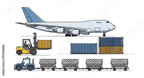 Air cargo transportation illustration with airplane, containers, and forklifts.