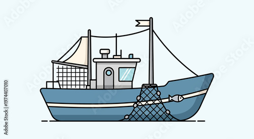 Blue Fishing Boat with Net and Flag, Isolated Illustration.