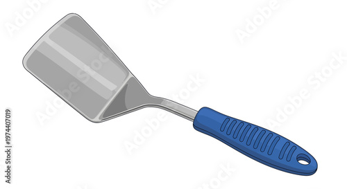 Blue handled metal dustpan tool.