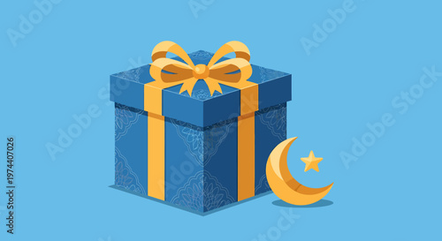 Blue Gift Box with Golden Ribbon and Crescent Moon Symbol.