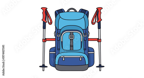 Blue hiking backpack with trekking poles.