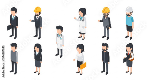 Isometric diverse professional people characters in business attire.