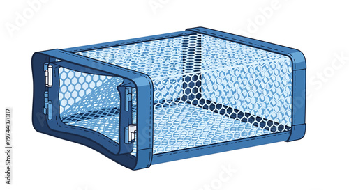 Blue rectangular mesh cage isolated on white background.