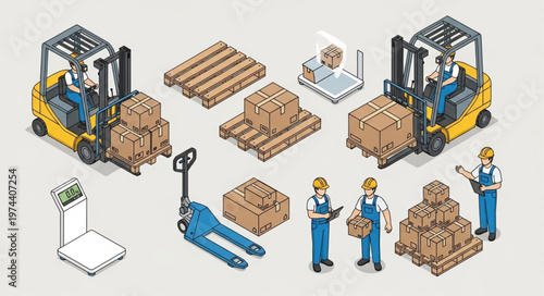 Isometric Forklifts Pallets Boxes and Warehouse Workers.