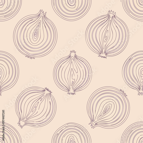 Onion Seamless Pattern. Halved Onion Slice. Sketch Style. Hand-drawn Texture. Food Ingredient Background.