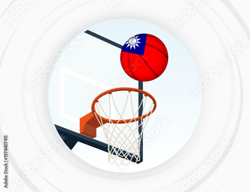 Taiwan Flag Themed Basketball in Motion, Scoring Moment in Basketball Game.