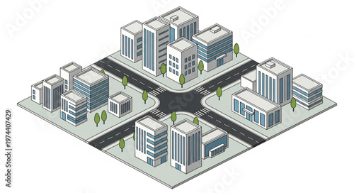 Isometric Miniature Urban City Block Building Cluster.