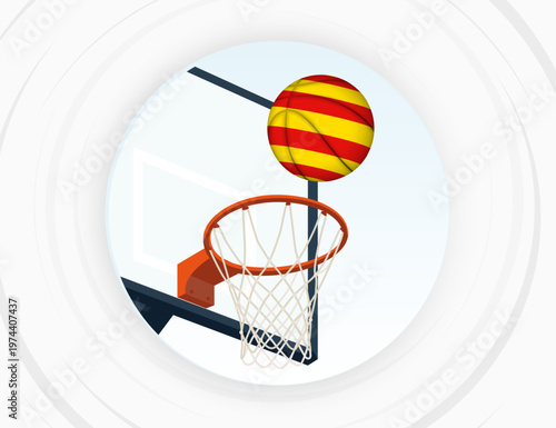Catalonia Flag Themed Basketball in Motion, Scoring Moment in Basketball Game.