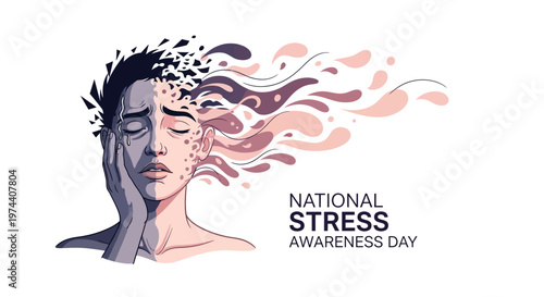 Vector illustration highlighting National Stress Awareness Day with a desaturated portrait of a stressed person whose head transforms into colorful, flowing shapes against a clean white