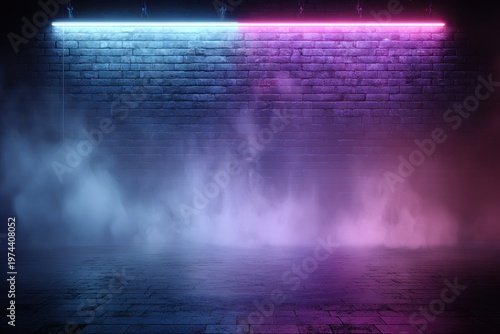 Atmospheric Brick Wall Interior with Neon Lighting and Smoke Effects in Blue and Pink Hues