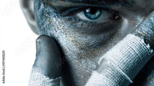 Close up of a person's face covered in blue and gold glitter with a blue eye looking at the camera and fingers covering part of the face with white bandages
