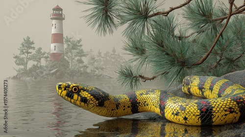 Close up of a yellow and black snake coiled on a rock with a red and white striped lighthouse in the misty background on a body of water with pine tree branches in the foreground