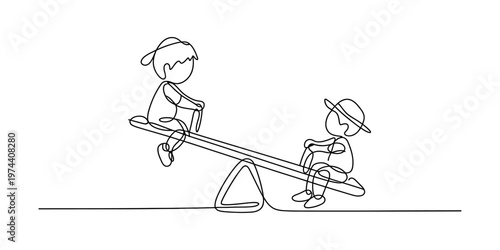 Continuous single line drawing of two happy children playing together on a classic park seesaw Vector, illustration