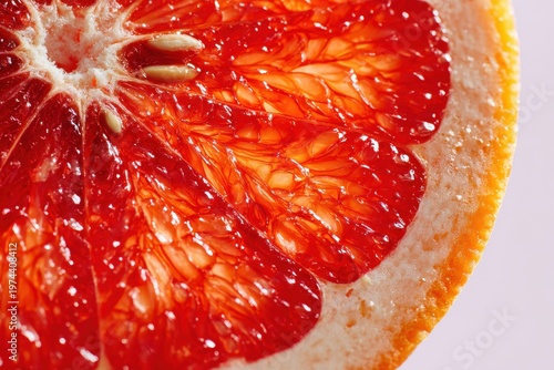 Close up of a juicy red grapefruit slice showing vibrant segments and seeds backlit with natural light on a plain background