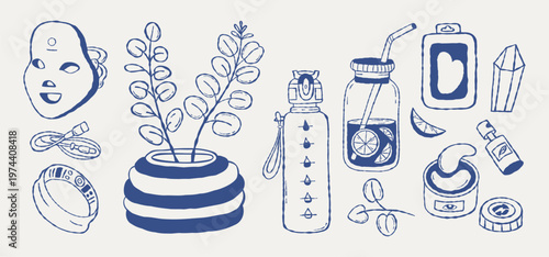 Wellness and Biohacking Gadgets Set. LED Face Mask, Smart Ring, Reusable Eye Patches, Eucalyptus Branches in Vase and Detox Water Bottle. Modern Self Care Rituals. Isolated Outline Vector Hand Drawn