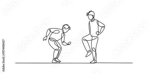 A single continuous line drawing of two young men engaging in a playful dance or lively movement Vector, illustration