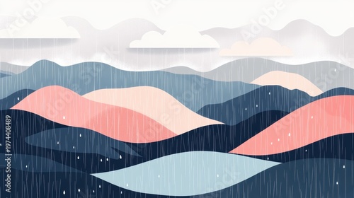 Abstract Landscape Illustration with Rainy Weather Over Rolling Hills and Mountains in Soft Pastel Colors
