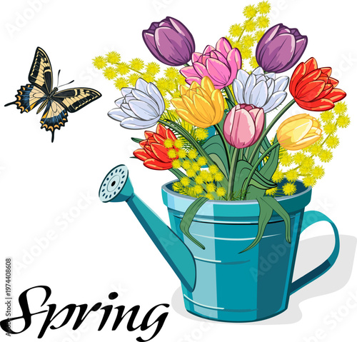A colorful watering can with a bouquet of spring flowers.Vector illustration with spring flowers in a metal watering can and a beautiful butterfly on a transparent background.