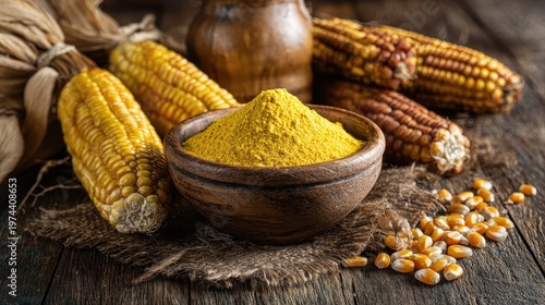 Close Up of Rustic Bowl Filled with Golden Cornmeal Surrounded by Ears of Corn and Scattered Kernels on a Burlap Fabric atop a Wooden Table with Warm Natural Lighting