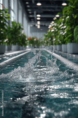 Close Up Of Water Splash In Swimming Pool With Lane Markers Reflecting Sunlight And Lush Green Plants Lining The Poolside In Natural Light Illuminated By Ceiling Lights