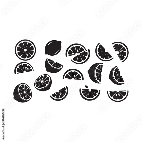 Lemon or lime fruit slices vector icons. Citrus fruit wedges symbols in black and white.