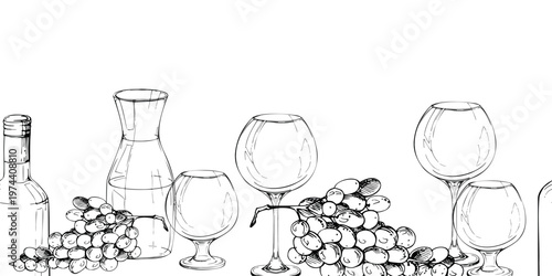 Seamless banner with repeating bottles, transparent decanters, balloon glasses and harvested grape bunches. Ink vector illustration. Website headers, wine labels, packaging borders, menu decoration.