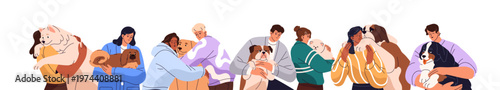 Group of people holding and hugging puppies. Owners love, embrace pups. Happy men and women with cute pets on hands. Dog lovers community. Flat isolated vector illustration on white background