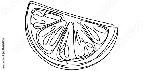 A minimalist single line drawing of a juicy citrus fruit wedge isolated on a plain white background