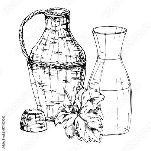 Tuscany style carafe wine jug in rattan wicker, empty glass decanter, grape leaf in botanical detail. Vector illustration hand drawn in ink. Sommelier training guides, viticulture education materials